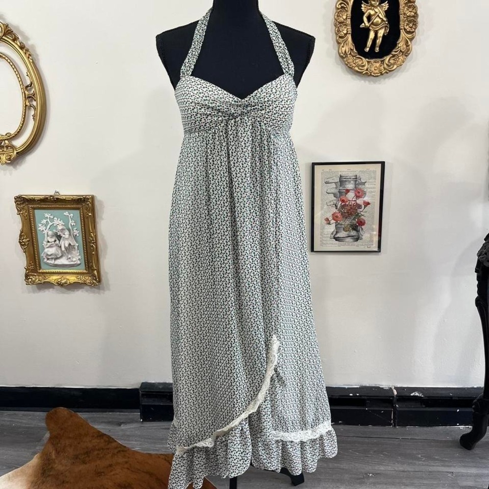 Vintage Y2K Miss Sixty Floral Halter Maxi Dress with Lace Trim
